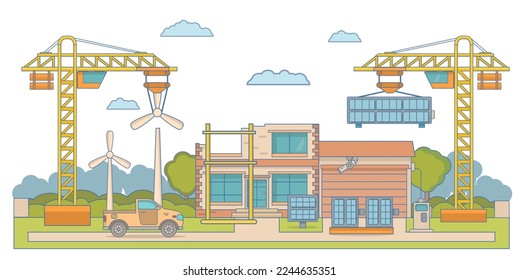 Renewable energy smart power system installation vector. Solar panels, wind turbines for high voltage electricity transmission construction site illustration