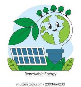 Renewable energy. Smiley cartoon globe character. Solar panel clean energy reducing a carbon footprint. Sustainable future solution, carbon neutral living. Flat vector illustration.