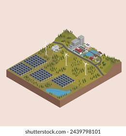 renewable energy, solar cell power plant, solar farm and wind turbine, wind farm with isometric graphic