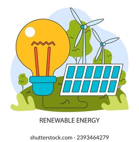 Renewable energy. Solar panel clean energy. Solar, wind electricity generation source. Sustainable future solution, carbon neutral living. Flat vector illustration.