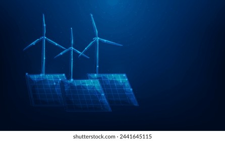 Renewable energy solar panel and wind turbine lowpoly wireframe technology background. vector illustration fantastic digital design. sustainable ecology concept.