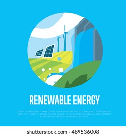 Renewable energy. Solar panel, windmill turbine and hydroelectric power plant icon. Sun, water and wind energy generation. Innovative, ecological technologies of future. Alternative renewable source
