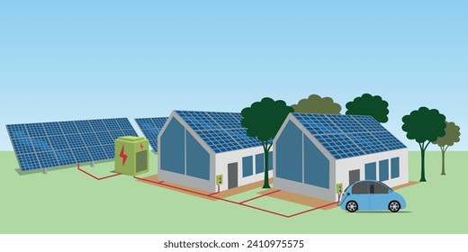 Renewable energy,  solar panels generating sustainable power, home battery energy storage.  Electric car charging on renewable smart electricity.  Vector Illustration