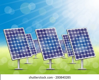 Renewable energy, solar panels on green field in sunny rays.