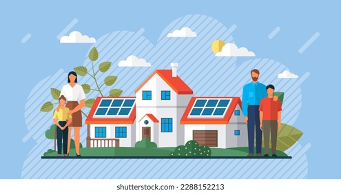 Renewable energy, solar panels station concept, green electricity. City for solar panels. Solar cell team service house installing. Green energy. Solar panel for family. Green energy