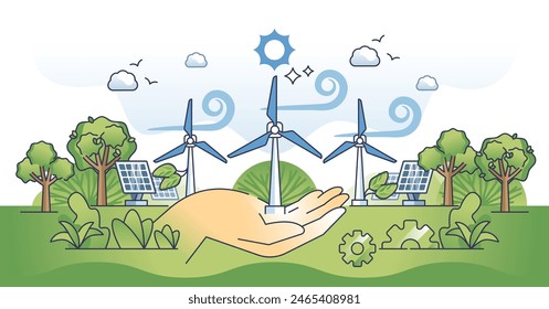 Renewable energy with solar panels and wind turbines outline hands concept. Sustainable, environmental and nature friendly solution for electricity production from eco resources vector illustration.