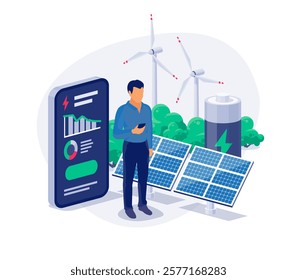 Renewable energy solar panels, wind turbines and battery storage. Clean electricity production monitoring app smartphone with grid power usage graph. Man person with phone in hand. Vector illustration