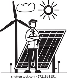 Soluciones de energía renovable. Ingeniero de pie con confianza frente a los paneles solares y una turbina eólica, que simboliza la energía sostenible.