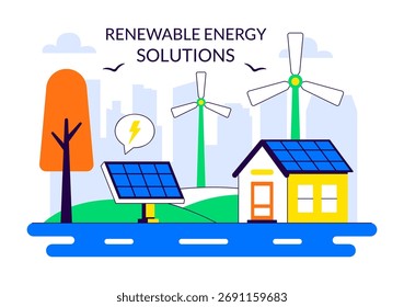 Ilustración de soluciones de energía renovable con recursos naturales renovables como el sol, el viento y el aire para producir energía limpia y sostenible