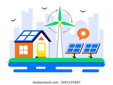 Ilustración de soluciones de energía renovable con recursos naturales renovables como el sol, el viento y el aire para producir energía limpia y sostenible