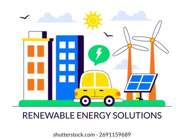 Ilustración de soluciones de energía renovable con recursos naturales renovables como el sol, el viento y el aire para producir energía limpia y sostenible