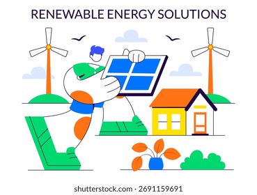 Ilustración de soluciones de energía renovable con recursos naturales renovables como el sol, el viento y el aire para producir energía limpia y sostenible