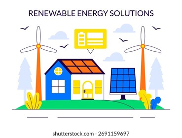 Ilustração de Soluções de Energia Renovável Apresentando Recursos Naturais Renováveis, como Sol, Vento e Ar, para Produzir Energia Limpa e Sustentável