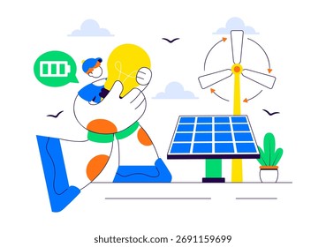 Ilustración de soluciones de energía renovable con recursos naturales renovables como el sol, el viento y el aire para producir energía limpia y sostenible