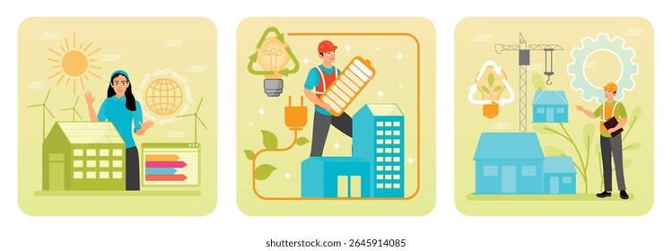 Renewable energy solutions, passive houses. A technician installs green energy infrastructure for home energy plus. An architect supervises the project Prefabricated Home. Sustainable energy concept.