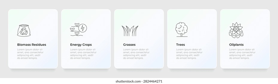 Renewable energy source feature cards layout. Sustainable biofuel feedstock. Biomass power and green technology. Minimalist UI UX design with line icons. Website section for services and information