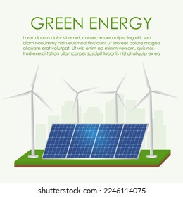 Renewable Energy Source. Green energy Concept with Wind Turbine and Solar Panel. Environmentally friendly. Alternative Clean Energy. Vector Illustration Isolated on White Background.