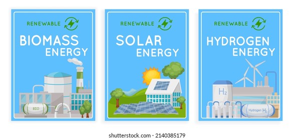 Renewable energy source posters collection. Biomass power station banner. Solar, waste, hydrogen electricity. Ecology, science understanding concept. Vector illustration in cartoon style