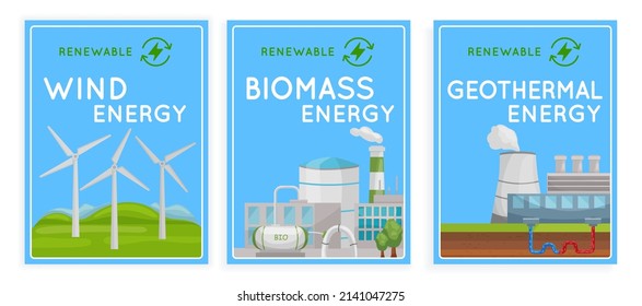 Renewable energy source posters collection. Biomass power station banner. Wind, waste, geothermal electricity. Ecology, science understanding concept. Vector illustration in cartoon style