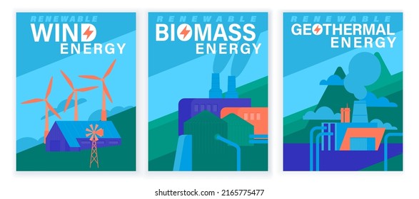 Renewable energy source posters collection. Biomass power station banner. Wind, waste, geothermal electricity. Ecology, science understanding concept. Vector illustration in flat style