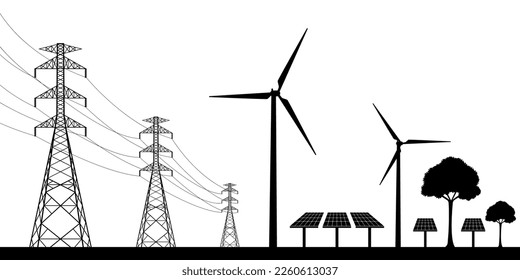 Renewable Energy Source with Solar Panel, Wind Turbines and Electric Pole. Green energy. Environmentally friendly. Vector Illustration