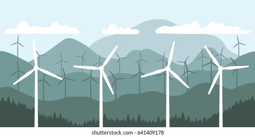 Renewable energy source - wind turbine landscape vector illustration.