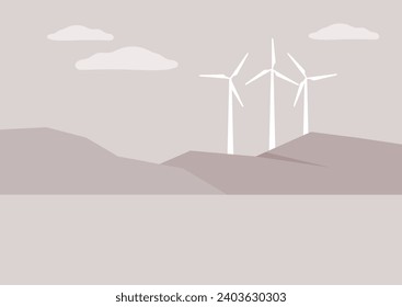 A renewable energy source, wind turbines on the horizon, the scene represents eco-friendly and responsible behavior, emphasizing the importance of sustainability