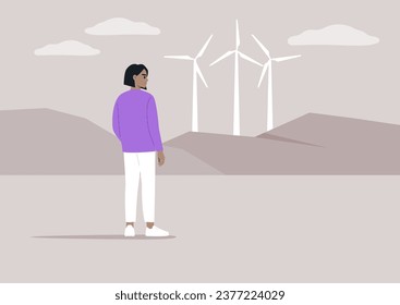 Una fuente de energía renovable, con un carácter joven mirando las turbinas eólicas en el horizonte, el escenario representa un comportamiento respetuoso con el medio ambiente y responsable, enfatizando la importancia de la sostenibilidad