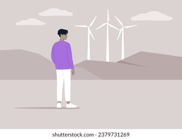Eine erneuerbare Energiequelle, die von jungen Menschen mit Blick auf die Windturbinen am Horizont betrachtet wird, stellt die Szene ein umweltfreundliches und verantwortungsvolles Verhalten dar, das die Bedeutung der Nachhaltigkeit betont