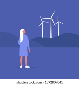 Renewable energy source, young female character looking at the wind turbines on the horizon, Eco friendly responsible behaviour, sustainability  