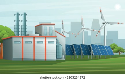 Renewable energy sources colored composition with industrial buildings near wind turbines and solar energy panels flat vector illustration