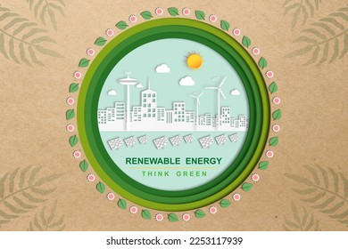 Renewable energy sources concept, Environmentally sustainability ecological, Electricity from wind power generators, Solar panels, Green power technology connect Smart city, Earth day paper art style.