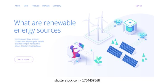 Renewable energy sources concept in isometric vector illustration. Solar electric panels and wind turbines. Sustainable power plants for clean environment . Web banner layout template design.