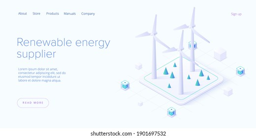 Renewable energy sources concept in isometric vector illustration. Solar electric panels and wind turbines. Sustainable power plants for clean environment. Web banner layout template design.