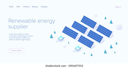 Renewable energy sources concept in isometric vector illustration. Solar electric panels and wind turbines. Sustainable power plants for clean environment. Web banner layout template design.