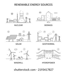 Renewable energy sources concept. Line art vector illustration. Eco green power stations.