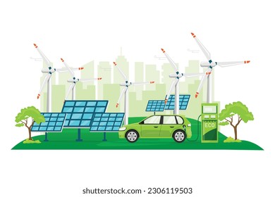 concepto de fuentes de energía renovables sobre fondo blanco. celda solar y energía eólica. tecnología de cargador de coches eléctricos y paisaje. diseño plano de ilustración vectorial. 