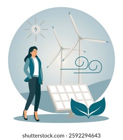 Renewable Energy Sources concept. Woman promoting sustainability through renewable energy with solar panels, wind turbines, and greenery. Flat vector modern illustration 
