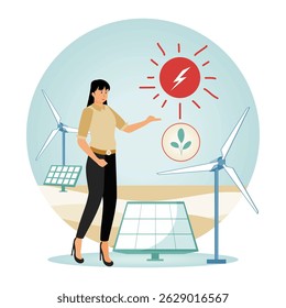 Renewable energy sources concept. A woman presenting renewable energy sources, including solar panels and wind turbines, and sustainability symbols.