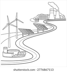 Renewable energy sources contrasted with traditional power plant