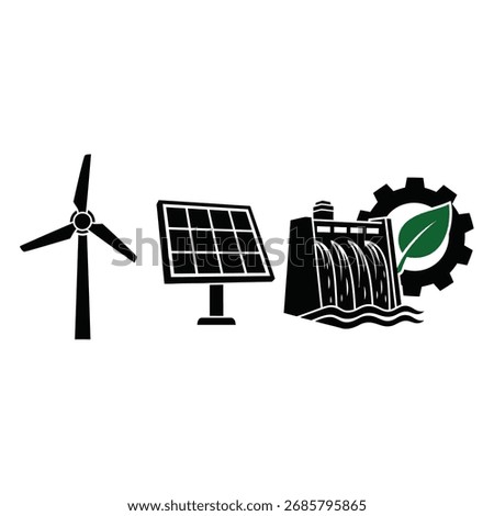 Renewable energy sources depicted: wind turbine, solar panel, and hydroelectric dam, symbolizing sustainable power generation.