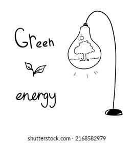 Renewable energy sources. Development of green energy. Transition to renewable energy sources. No oil. Black and white vector illustration isolated on white background.