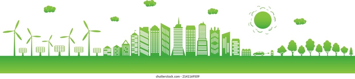 Fuentes de energía renovable. La conservación de la ciudad ecológica y del medio ambiente. Ciudad verde con vehículo eléctrico, estación de carga, energía eólica y paneles solares. Ilustración vectorial.