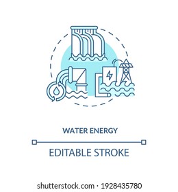 Icono de concepto de fuentes de energía renovables para la electricidad. Rápida y eficiente ilustración de la línea delgada de las turbinas hidráulicas. Dibujo de color RGB con contorno aislado del vector. Trazo editable