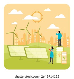 Fontes de energia renovável com painéis solares, turbinas eólicas, tecnologias sustentáveis e soluções modernas de armazenamento de energia que beneficiam as comunidades urbanas. Energia sustentável.