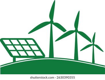 Renewable energy sources illustration of solar panels and wind turbines