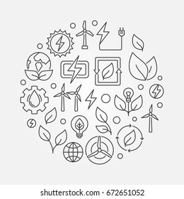 Renewable energy sources illustration - vector round concept symbol made with wind, solar, water and biomass icons in thin line style