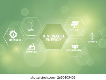 Fontes De Energia Renováveis Infográfico. Fontes de energia eólica, solar, hidráulica, de biomassa, geotérmica e marinha. Energia limpa, recursos ecologicamente corretos e vida ecológica. Ilustração vetorial