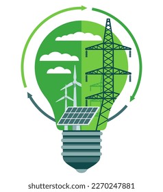 Renewable energy sources innovations icon - Sustainable development. Lightbulb, wind turbines and powerline inside the idea lamp