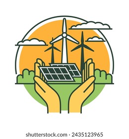 Renewable energy sources innovations logo in bold line - Sustainable development. Hand holding wind turbines and and solar panels